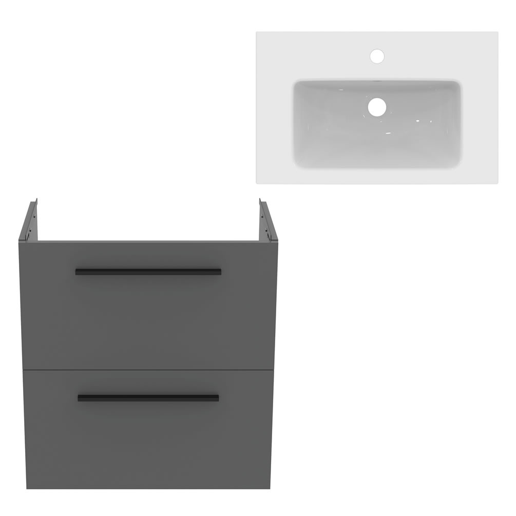 Ideal Standard i.life S 600mm Matt Quartz Grey Compact Wall-Hung Two-Drawer Vanity Unit & Basin
